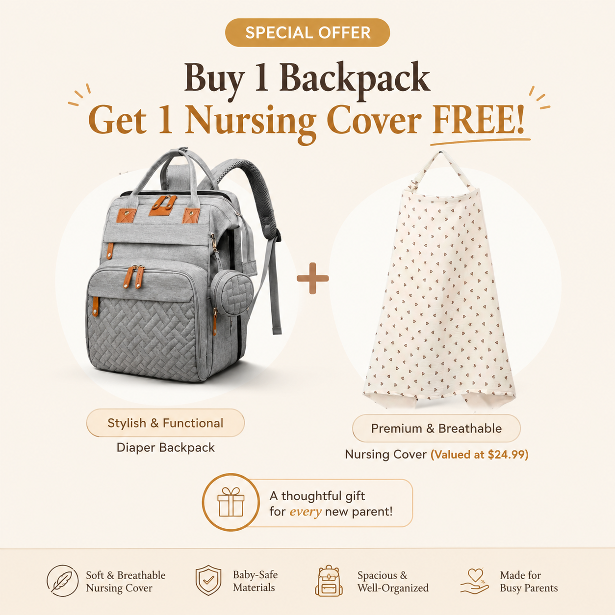 Buy 1 Diaper Bag Get 1 Nursing Cover - BaseCub® Adventure Ready Diaper Bag